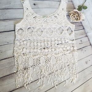 Boho Crochet Fringe Tank Top - White